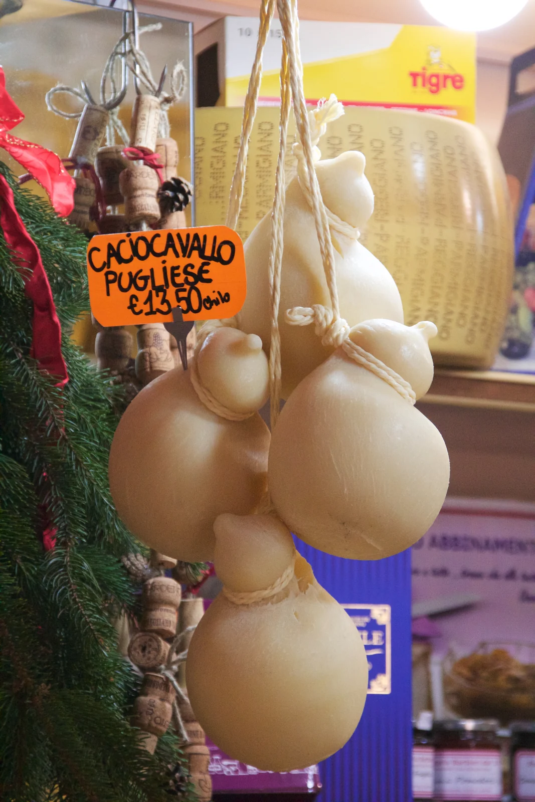 Hanging caciocavallo cheeses, illustrative photograph (taken outside Puglia)