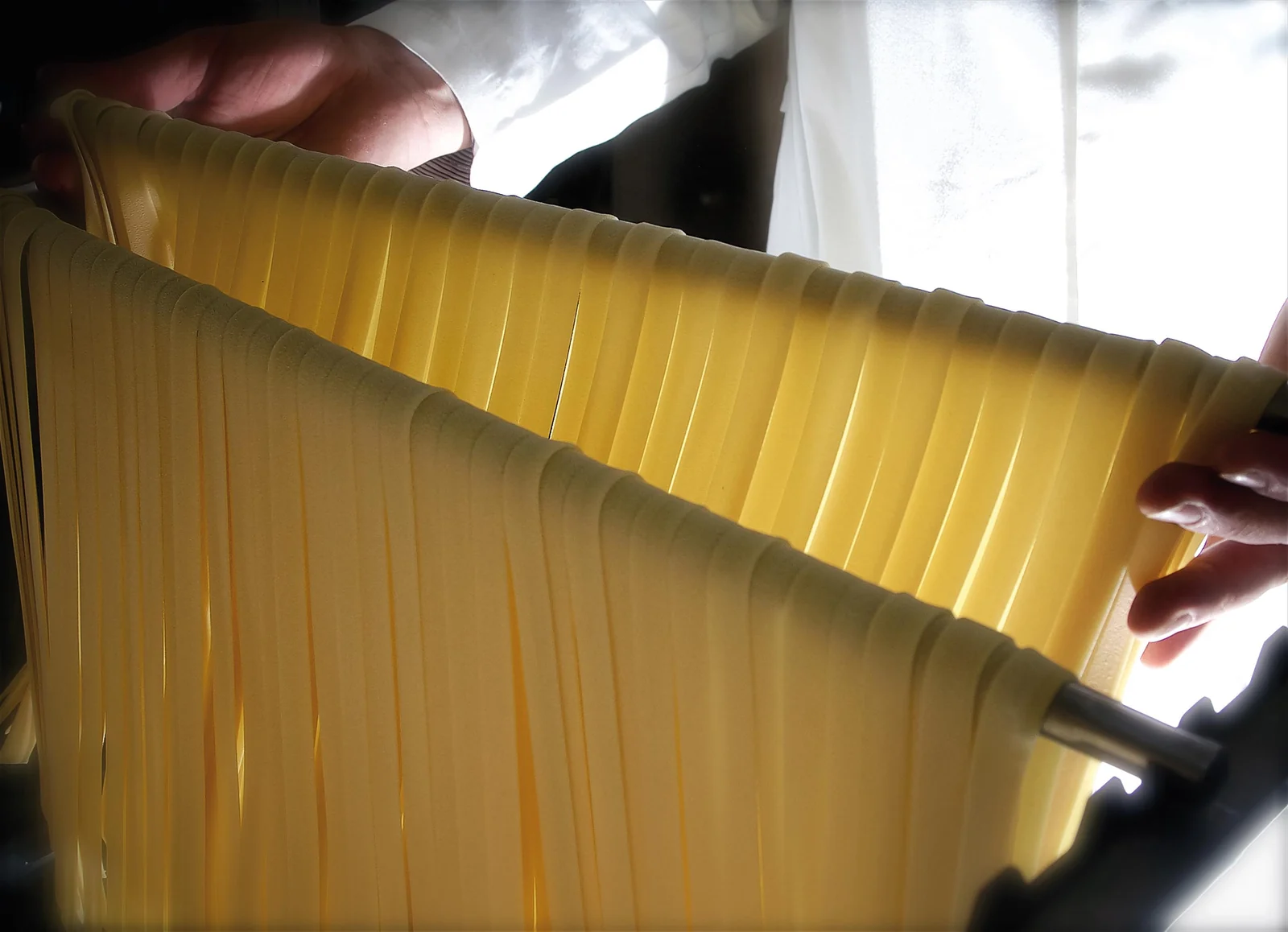 Mani e pasta lunga appesa ai supporti nel Pastificio Gentile